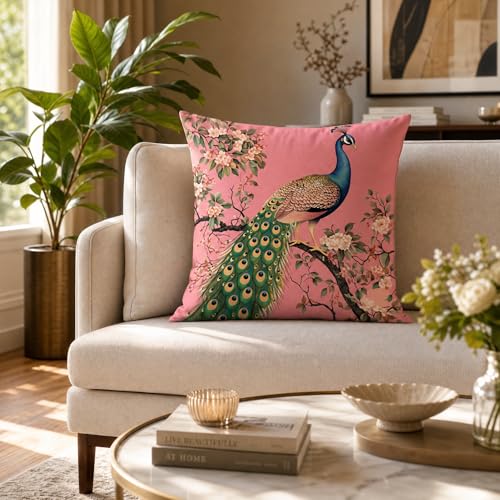 18x18 Pink Chinoiserie Peacock Floral Linen Throw Pillow Cover - color: Pa10051, size: 18" x 18" (Pack of 1)