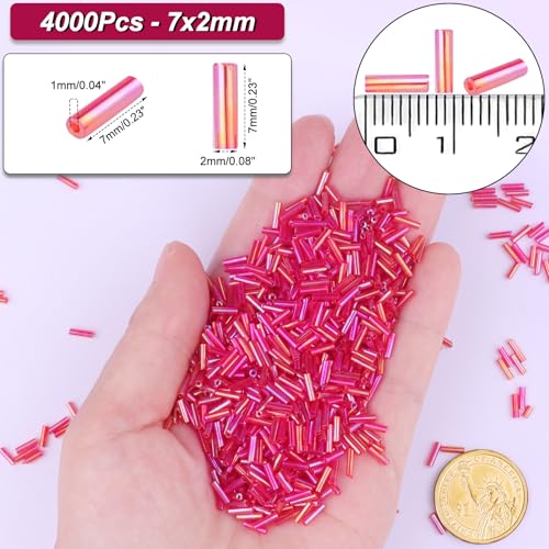 4000 Pcs Iridescent Red Glass Bugle Beads, 2 x 7 mm Embroidery Beads, Small Long Tube Seed Beads for Embroidery Craft Jewelry Making - color: Iridescent Red