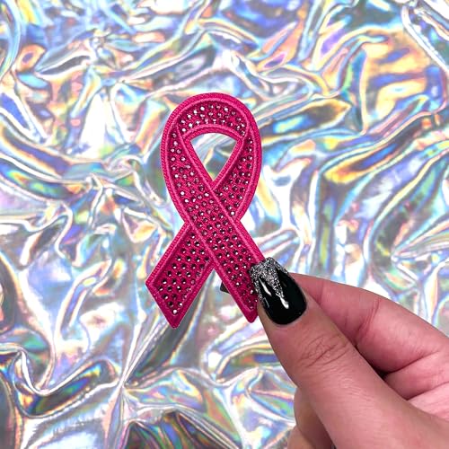 Pink Gemstone Breast Cancer Ribbon Patch, 1.75" x 3”, 2-Pack, Embroidered Iron-On for Hats, Bags, Jackets - color: Breast Cancer Ribbon - Pink Gemstone