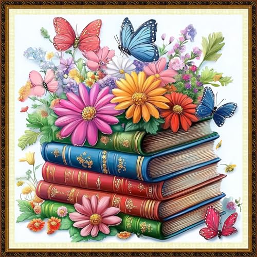 Redxing Counted Cross Stitch Kit for Beginners,Unprinted Needlepoint Kits for Beginners Cross Stitching Embroidery Kit 11CT Stitches kit-Flower Books 18x18 inch - color: KitColors06
