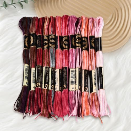12 Skeins 105 Yards Embroidery Thread Variegated Cross Stitch Floss Bulk 6 Ply Polyester Yarn Colorful Red Friendship Bracelet String for Sewing Making Needlecraft Knitting Clothes Stitching - color: Dark Red