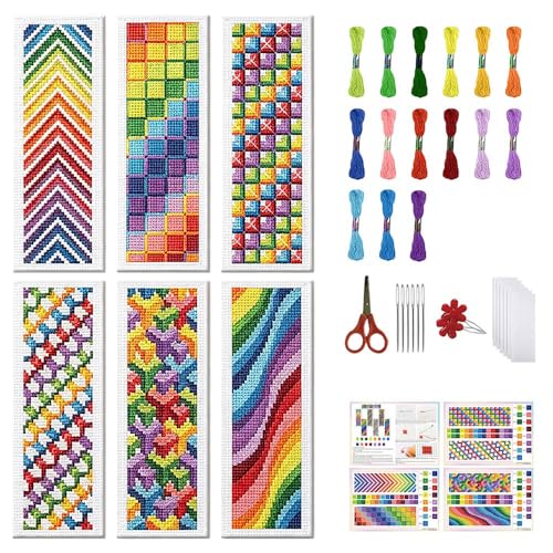 FREEBLOSS 6 Set Cross Stitch Bookmark Kits 11CT 8"x2.4" Colorful Gradient - style: Colorful Style