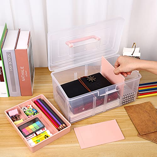 BTSKY 2 Layer Clear Plastic Dividing Storage Box with Removable Tray Multipurpose Stationery Storage Box with Handle Portable Sewing Boxes Art Craft Supply Organizer Home Utility Box(Big Pink) - color: Big Pink