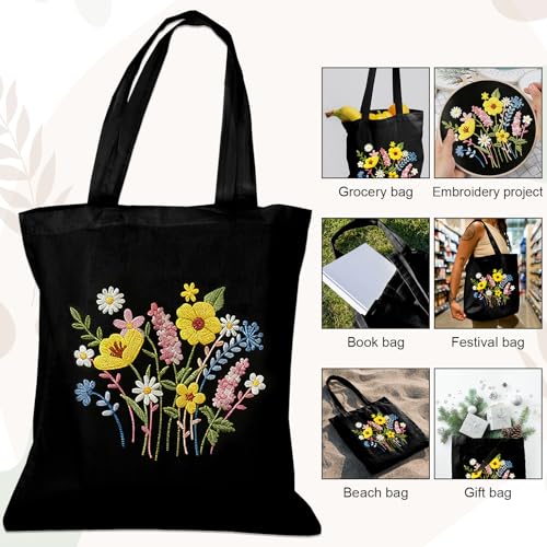Nuberlic Embroidery Tote Bag Kit for Beginners with Floral Pattern - color: Floral