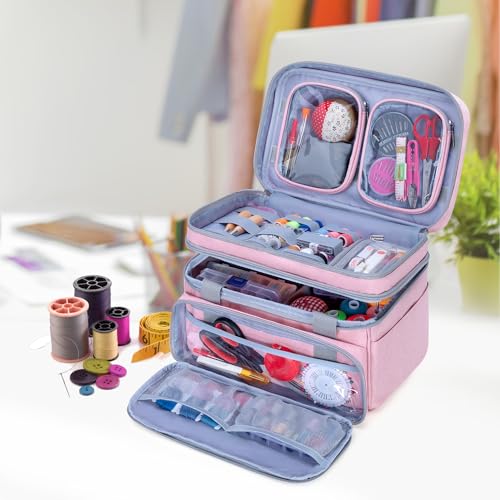 BAFASO Double Layer Sewing Accessories Organizer, Pink - color: Pink