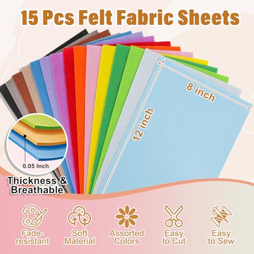 XSEINO 15PCS 8" x 12" 1.4 mm Thick Soft Felt Sheets,15 Assorted Multicolour Series Soft Felt Sheets for DIY Craft Sewing Squares Nonwoven Patchwork - color: 15p-multicolour
