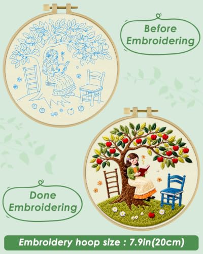 ERKOON Embroidery Kit for Beginners Adult, Cross Stitch Set Include Embroidery Cloth Hoop Threads for Craft Lover Hand Stitch with Embroidery Skill Techniques (Apple Tree) - color: Apple Tree