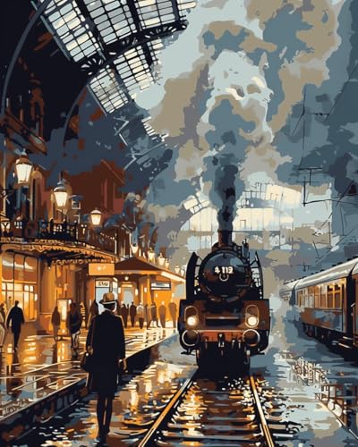 Moohue 14ct Counted Cross Stitch Kits for Adults Train Station Printed Stamped Cross Stitch Patterns Kits Cross Stitch Supplies (Train Station) - color: Train Station