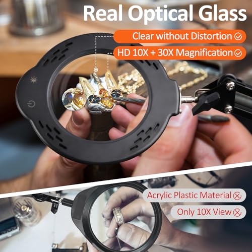 Magnifying Glass with Light and Stand, 10X 30X LED Desk Magnifier with Real Glass Lens, 5 Color Modes, 3 Brightness Levels, Hands-Free Magnifying Lamp for Reading, Crafts, Electronics and Jewelry - color: Clamp