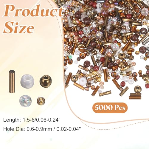 MECCANIXITY 5000 Pcs Mixed Glass Seed Beads, 1.5-6mm Mini Loose Glass Bugle Spacer Bead Embroidery Beads for DIY Craft Projects Earrings Necklaces Bracelets Jewelry Making, Coffee Color - color: Coffee Color