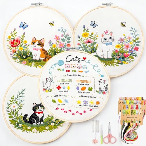 Peonfly Cat Embroidery Kit for Beginners, 4 Pack Stamped Embroidery Starter Kit with 4 Hoops, 9 Stitch Types Practice Sampler, Animal Floral Wall Hanging Décor (Value Pack) - style: packaged (Value Pack)