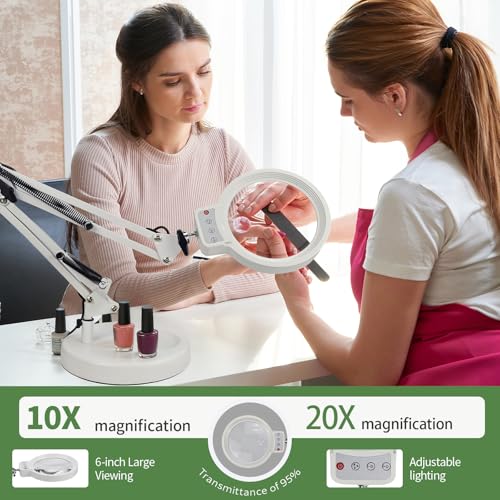 10X/20X Magnifying Glass with Light and Stand, LED Desk Magnifying lamp with Base and Clamp, 3 Color Mode, 10 Dimmable Levels Desktop Magnifier, Crafts Jewelry Sewing Close Work (White) - color: White