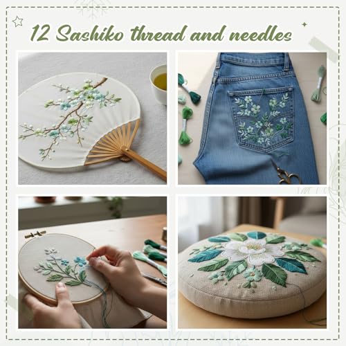 Zeyune 12 Pcs Sashiko Thread Kit with Needles, Green, 100% Cotton 20m Each - color: Green
