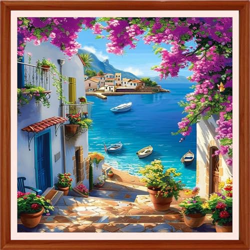 Redxing Counted Cross Stitch Kit for Beginners,Unprinted Needlepoint Kits for Beginners Cross Stitching Embroidery Kit 11CT Stitches kit-Seaside Floral Scenery 18x18 inch - color: Setpattern24