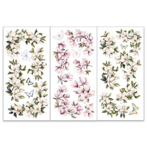 OLYCRAFT 3pcs/Set Magnolia Rub on Transfers for Furniture and Crafts 6x12 inch Flower Corner Furniture Decals Butterfly Transfer Stickers Rub on Decals for Wood Furnitures Home Decor - style: Magnolia Border