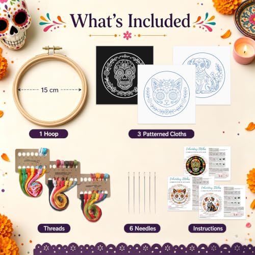 Nuberlic 3 Pack Sugar Skull Embroidery Kit for Beginners, Day of the Dead - color: Day of the Dead