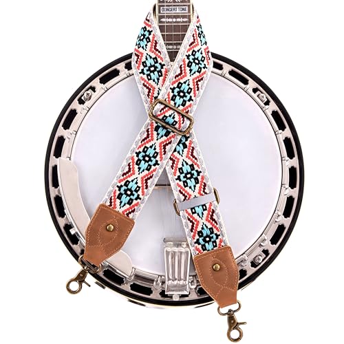 Nefelibata Banjo Strap,2"Wide Double Crazy Horse Leather Jacquard Embroidery Strap Adjustable Replacement,Multi-pattern Strap With Metal Clips - color: A#-white Embroidery