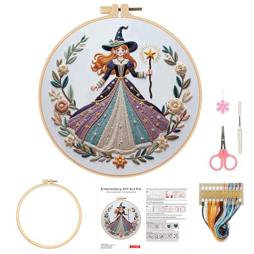 Embroidery Kit for Adults, Pre-Stamped Pattern Embroidery Kit for Beginners, DIY Hand Needlepoint Starter Kit with Hoop Thread Needle Instruction, 6.3'' Hoop (Witch 1 Pack) - style: Witch 1 Pack