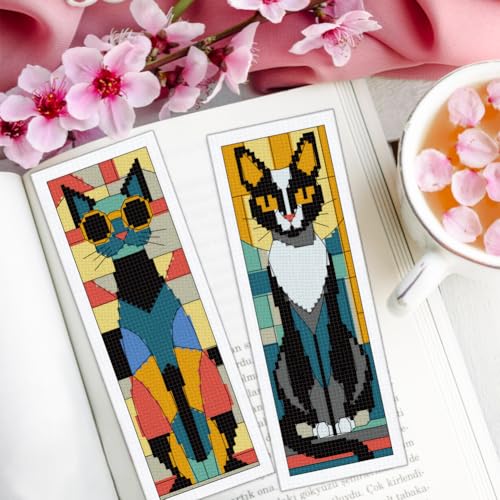 ORIGACH 6 Set Stained Glass Black Cat Cross Stitch Bookmark Kit - style: Stained Glass Cat