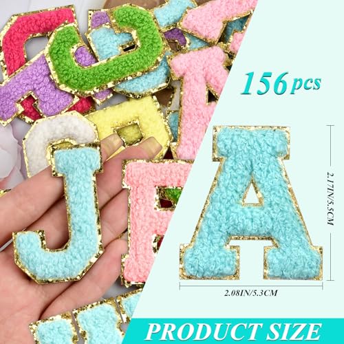 Supkiir 156Pcs Chenille Letter Patches, Self Adhesive Varsity Letter Patches, Colorful Embroidered Trimmed Iron on Letters Preppy Felt Letters Alphabet Patches for Clothing DIY Repairing Craft Fabric