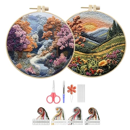 Hzkokon 2 Pack Embroidery Kit for Beginners Adults Cross Stitch Kits Hand Embroidery Kit Includes Stamped Flower Pattern, Hoop, Color Threads,Tools & Follow Instruction - color: Purple