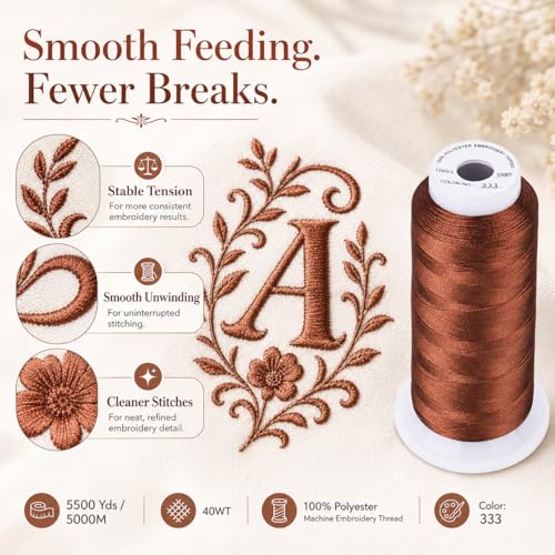 Simthread 5500Yds Embroidery Thread, 5000M High-Yardage 40WT 100% Polyester Thread – 170+ Vivid Colors, High-Speed Rated – Compatible with Brother, Singer, Janome & More - Amber Red 333 - color: AmberRed333