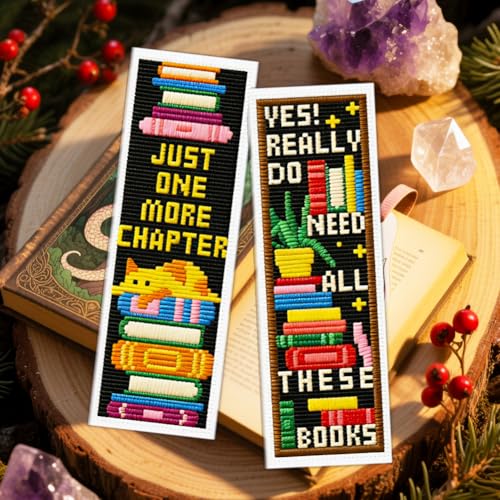 ACRNIGHEET 6PCS Cross Stitch Bookmark Kit for Beginner Stamped Cross Stitch Kits for Adults Bookshelves DIY Tassel Embroidery Bookmark Kits Needlepoint Kit with Instructions Craft Gift 8.5''x3'' 11CT - style: Words and bookshelf patterns 2