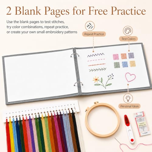 Homoyoyo Embroidery Stitch Book Kit for Adult Beginners, Learn 38 Stitches with 13 Large Loose Leaf Fabric Practice Pages, 2 Hoops, 24 Color Threads, Needles, Scissors and Instruction Manual