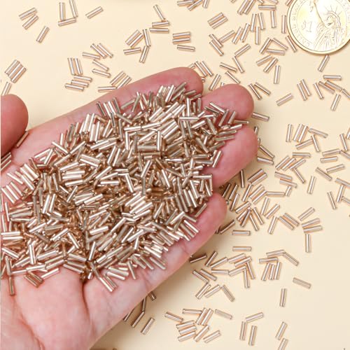 2000pcs Glass Bugle Beads, Tube Beads Bulk, Mini Long Tiny Small Waist Loose Spacer Embroidery Beaded for Bracelets Jewelry Making Sewing, Crafts, 2×6mm, Champagne Pink - color: Champagne Pink