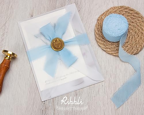 Ribbli Baby Blue Ribbon 1 Inch x 3 Rolls Total 24 Yards Light Blue Handmade Fringe Chiffon Silk Ribbon for Wrapping Wedding Invitations Bridal Bouquets DIY Crafts Home Decor - color: Baby Blue