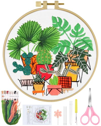 ERKOON Embroidery Kit for Beginners, Flower Cross Stitch Set for Include Embroidery Cloth Hoops Threads for Craft Lover Hand Stitch with Embroidery Skill Techniques (Greenery) - color: Greenery