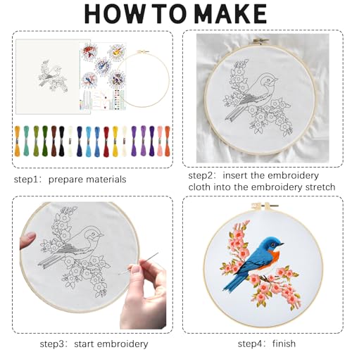 INFUNLY 5 Sets Bird and Flower Embroidery Kits for Beginner DIY Cross Stitch Starter Sets with Instructions Colorful Handmade Needlepoint Kits with Embroidery Cloth Colored Threads Hoops Tools - style: Flowers and birds