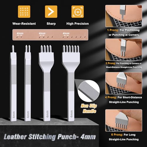 56Pcs Leather Stitching Punch Kit, Sewing Kit 4mm Prong Sewing Hole Punch