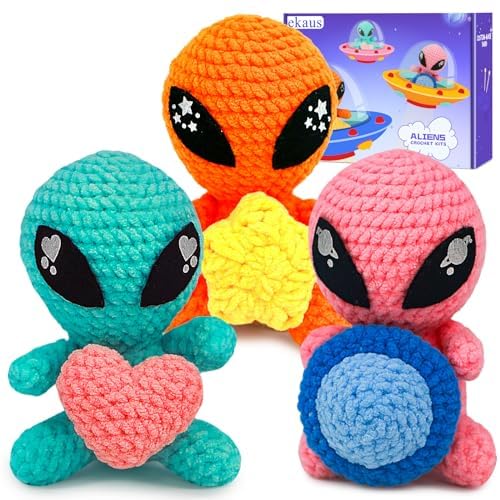 ekaus Crochet Kit for Beginners, Crochet Kit with Step-by-Step Video Tutorials, Crochet DIY Knitting Supplies for Adults, Crochet Aliens(45%+ Yarn) - color: Crochet Aliens