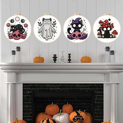 FREEBLOSS 4 Sets 11.6" Embroidery Kit for Beginners Needlepoint Embroidery Starter Kit with Halloween Stamped Patterns, Instructions, Colored Threads, 2 Hoops - style: Halloween
