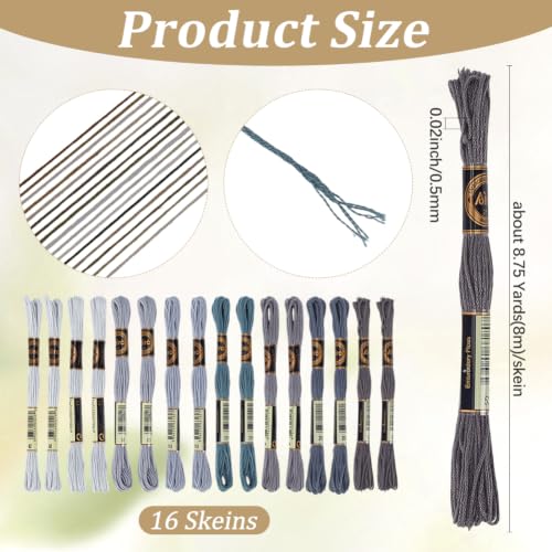 16 Skeins 140 Yard Gray Embroidery Floss 6 Ply Gradient Color Embroidery Thread Polyester Cross-Stitch Threads Friendship Bracelets String for Hand Embroidery String Art DIY Creation - color: Gray