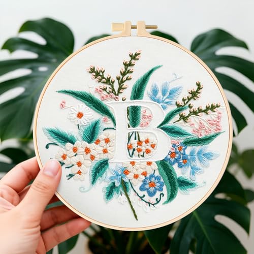 Zerzsy 7.87 '' Embroidery Kits Plant Flower Leaf English Letter Patterns for Beginners Adults, Easy to Learn Cross Stitch Kit for Home Office Decor - color: Letter B