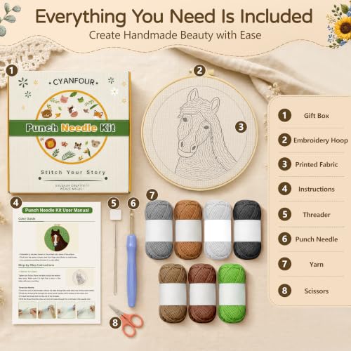 CYANFOUR Punch Needle Kit for Beginners, Horse Punch Needle Kits Adults, Craft Kits for Adults with 2 Pre-Printed Fabrics, Embroidery Hoop, Threads, DIY Gift and Home Decor 20 * 20cm - color: Horse