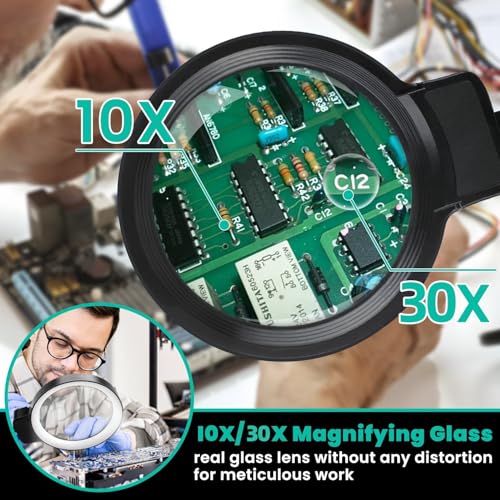 10X/30X Magnifying Glass with Light and Stand, 2-in-1 Magnifying Floor Lamp with 72 Adjustable Brightness LED Lamp Bulbs, Flexible Standing Magnifying Lamp - color: Black - Foldable Arm