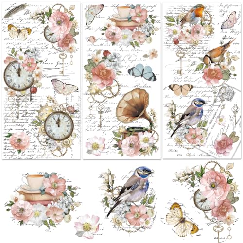 3 Sheets Flower Rub on Transfer Waterproof Floral Furniture Transfers Decal Bird Farmhouse Rub on Transfer 6x12 Butterfly Transfer Cabinet Stickers for Wood Door Craft Home Kitchen Decor - style: Style 1- Retro French