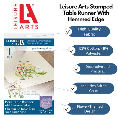 Leisure Arts Table Runner 15"X42" Ecru Poppies, Kitchen Table Runner, Embroidery Kit, Kitchen Runner, Cross Stitch Kits for Beginners, Embroidery Patterns, Fabric