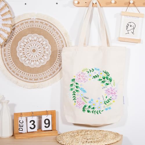 CREAWONDER Canvas Tote Bag Embroidery Kit with Pattern for Beginners, Arts and DIY Embroidery Crafts Kits for Adults, Include Instructions, Thimble, Embroidery Hoops, Color Threads and Tool - color: CR002 huafanyunyu