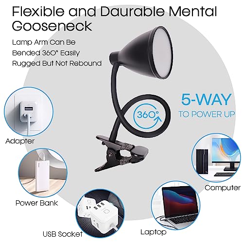 GlowVibe Desk Lamp 3 Color Modes 10 Brightness Dimmer Reading Light 10W 40 LED Clamp Lamp 360° Flexible Neck Clip on Light for Bedroom and Office Home Lighting, AC Adapter Include - color: Black