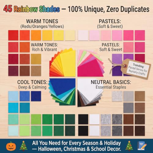 45 Pcs Felt Fabric Sheets 6x6 1mm Thickness - color: 15x15cm