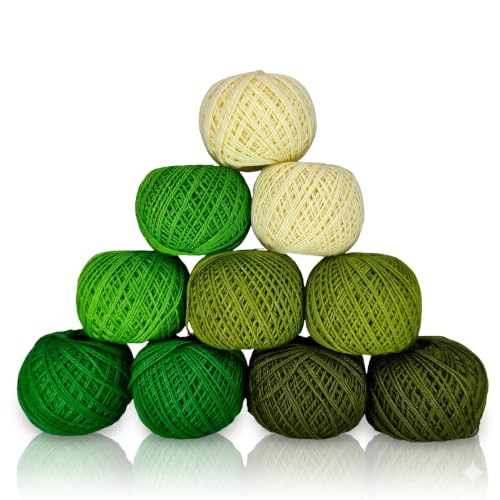 KGS Crochet Thread Cotton Yarn Balls | Size 8 | 10 Balls | 10 Grams Each Ball | Total 100 Grams of Pearl Cotton Thread for Crocheting, Hardanger, Needlepoint Hand Embroidery (Evergreen Dreams) - color: Evergreen Dreams