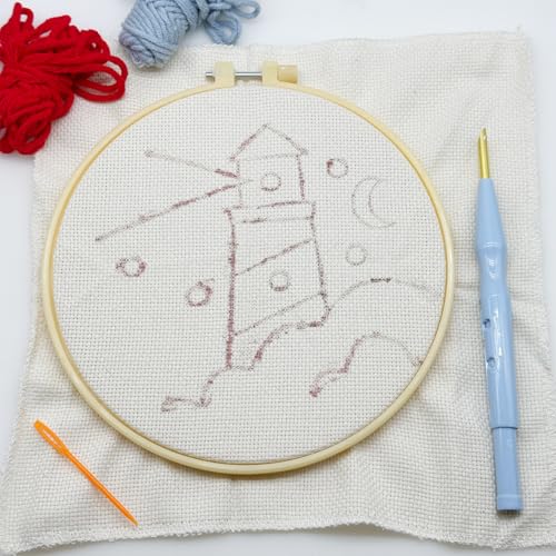 Woohome Punch Needle Kit Included Plastic Hoops, Punch Needle Cloth, Color Yarn and Punch Needle Tools for Adults, Beginners (Lighthouse and Sunset) - color: Color 27