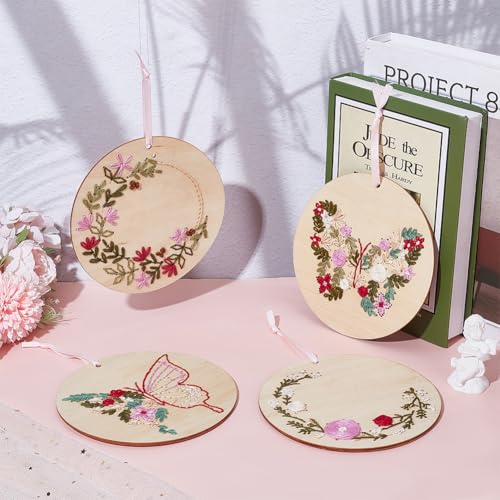 WEBEEDY 4 Sets Wood Stitched String Art Kit with Floral Butterfly Pattern for Beginners, DIY Wooden Cross Stitch Ornament Kits Needlepoint Embroidery Set Home Hanging Decor Gift