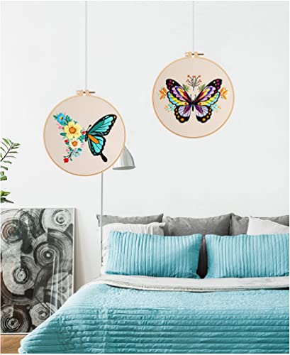 Konrisa Embroidery Kits with Butterfly Flower Pattern, Stamped Embroidery Starter Kit for Beginners Adults Needlepoint Kits Include Embroidery Fabric Embroidery Hoop Threads and Needles,Set of 2 - color: Butterfly02