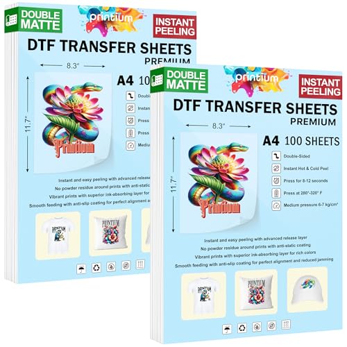 DTF Transfer Film Sheets A4 (8.3 x 11.7 inch) | Premium (Pack of 2) | Hot & Cold Peel | Double Matte Anti-Static | 100 Pack | Heat Press Paper | ET8550 L1800 XP15000 XP600 R1390 I3200 TX800 - size: Premium 100 Sheets (Pack of 2)