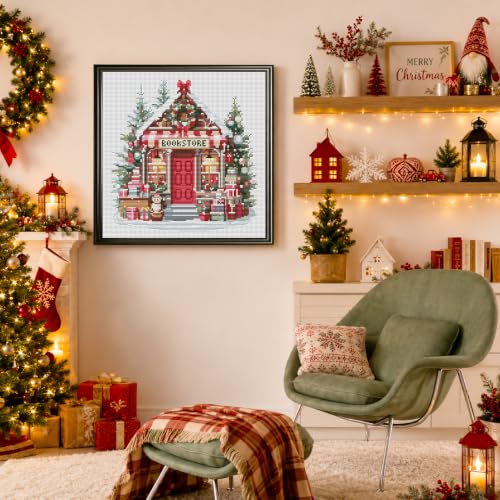 Christmas Bookstore Stamped Cross Stitch Kits for Adults Beginners 14x14 in - color: Christmas bookstore Cross Stitch